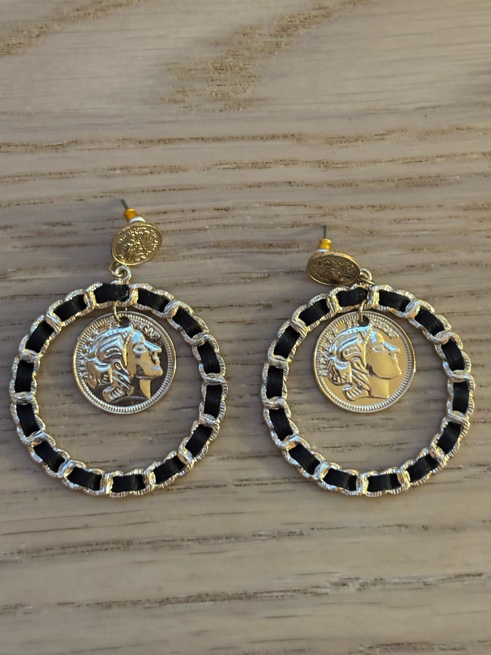 Gold and Black Coin Hoop Earrings - Women Jewelry